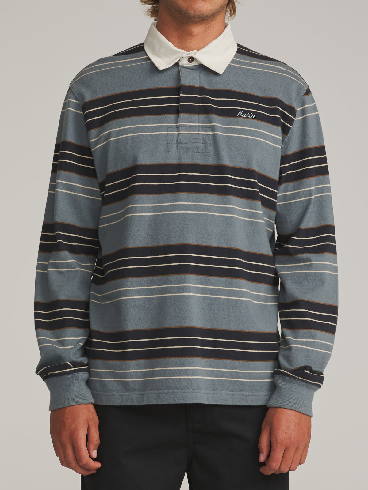 Katin Greg LS Rugby Polo in Storm Blue - worn on model, front