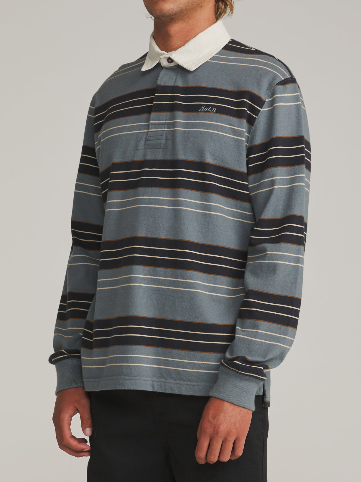 Katin Greg LS Rugby Polo in Storm Blue - worn on model, side