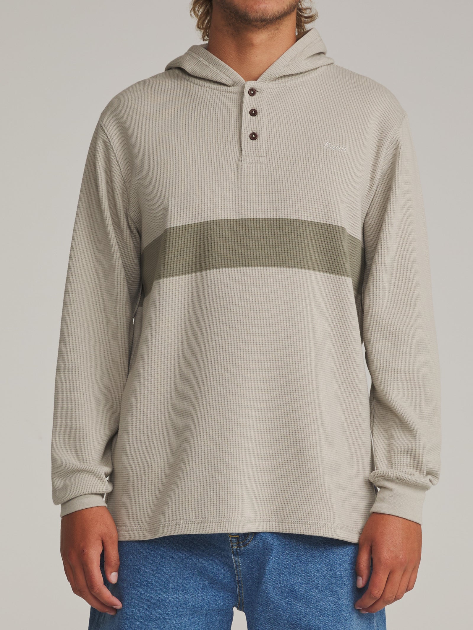 Katin fa26 specialty knits horizon thermal hood light olive on model 01 front_3c49023b adc4 4bb5 848a 2bee5df5b73b