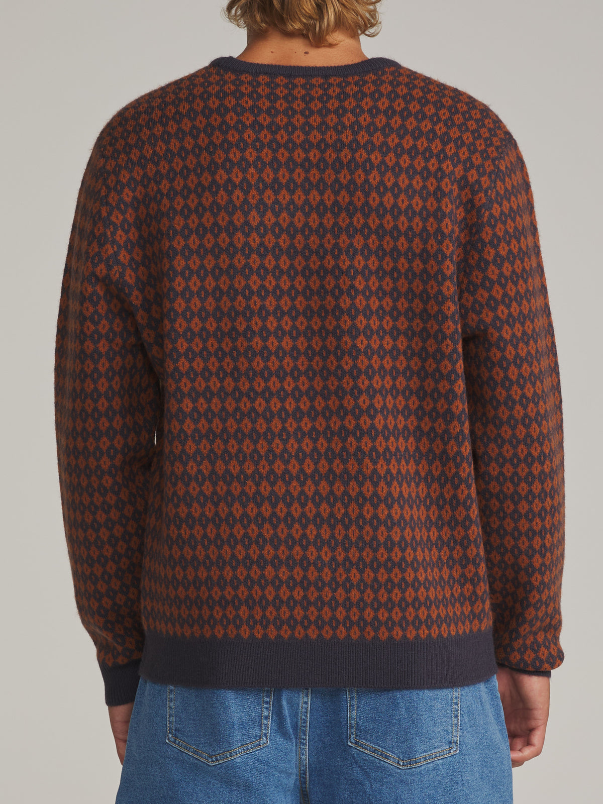 Katin Check Sweater in Rust/Navy - worn on model, back