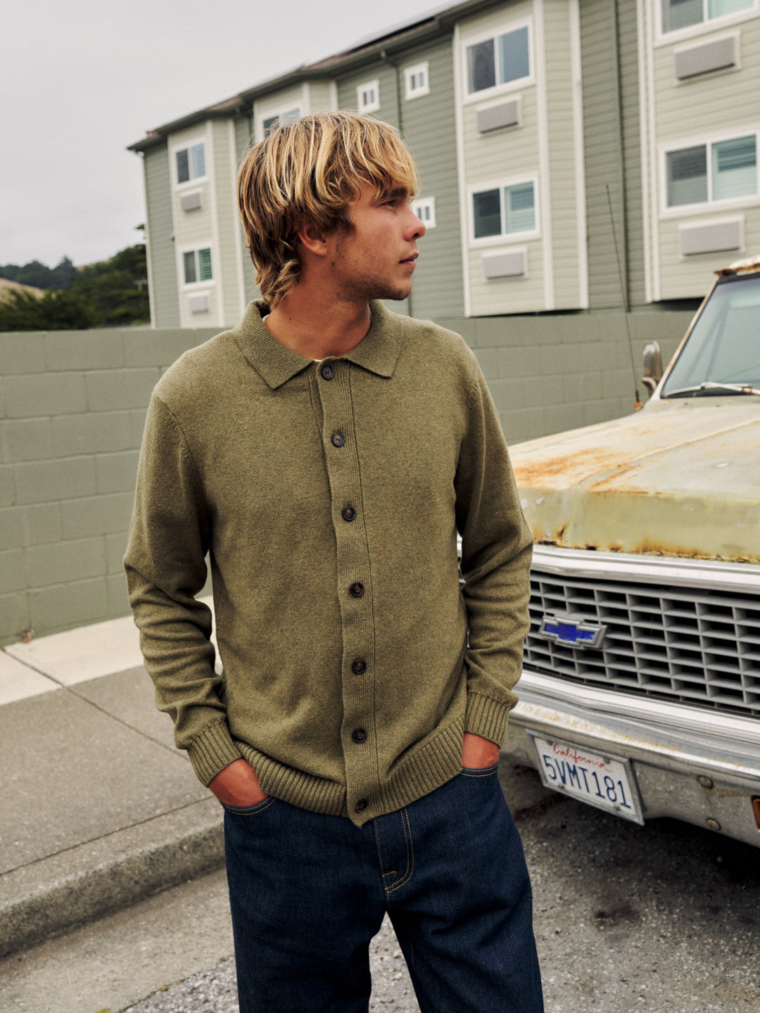 Katin fa26 sweaters conor sweater heather olive patterson raw indigo lifestyle frame 0093_v2