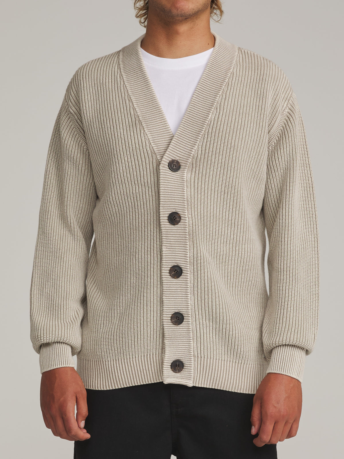 Katin Gallant Cardigan Sweater in Tan - worn on model, front