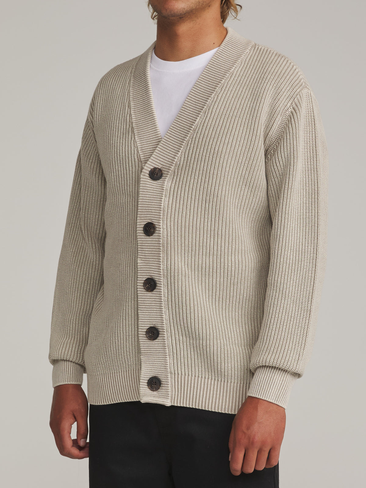 Katin Gallant Cardigan Sweater in Tan - worn on model, side