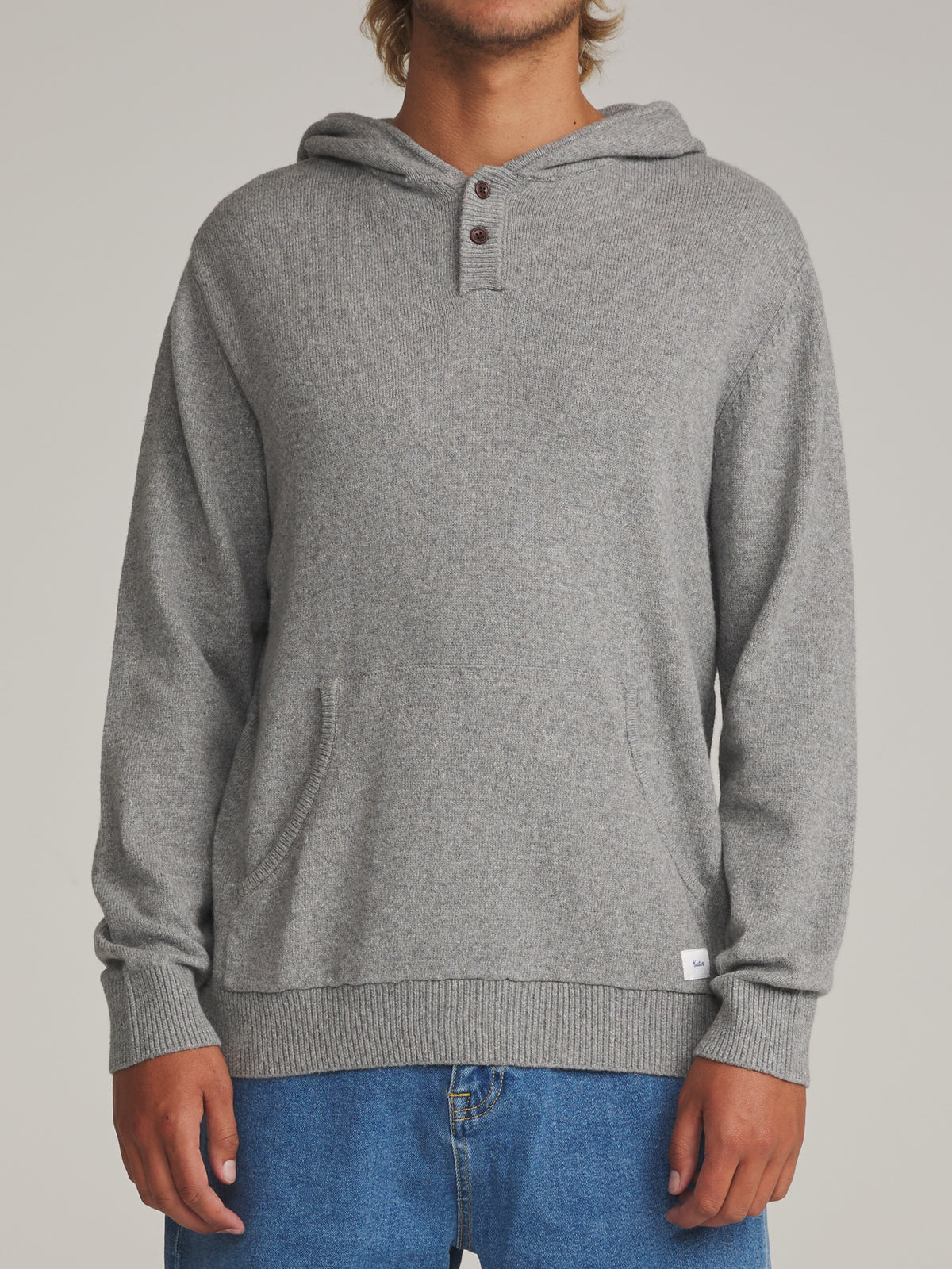Katin Hayes Hooded Henley Sweater in Heather Gray - worn on model, front