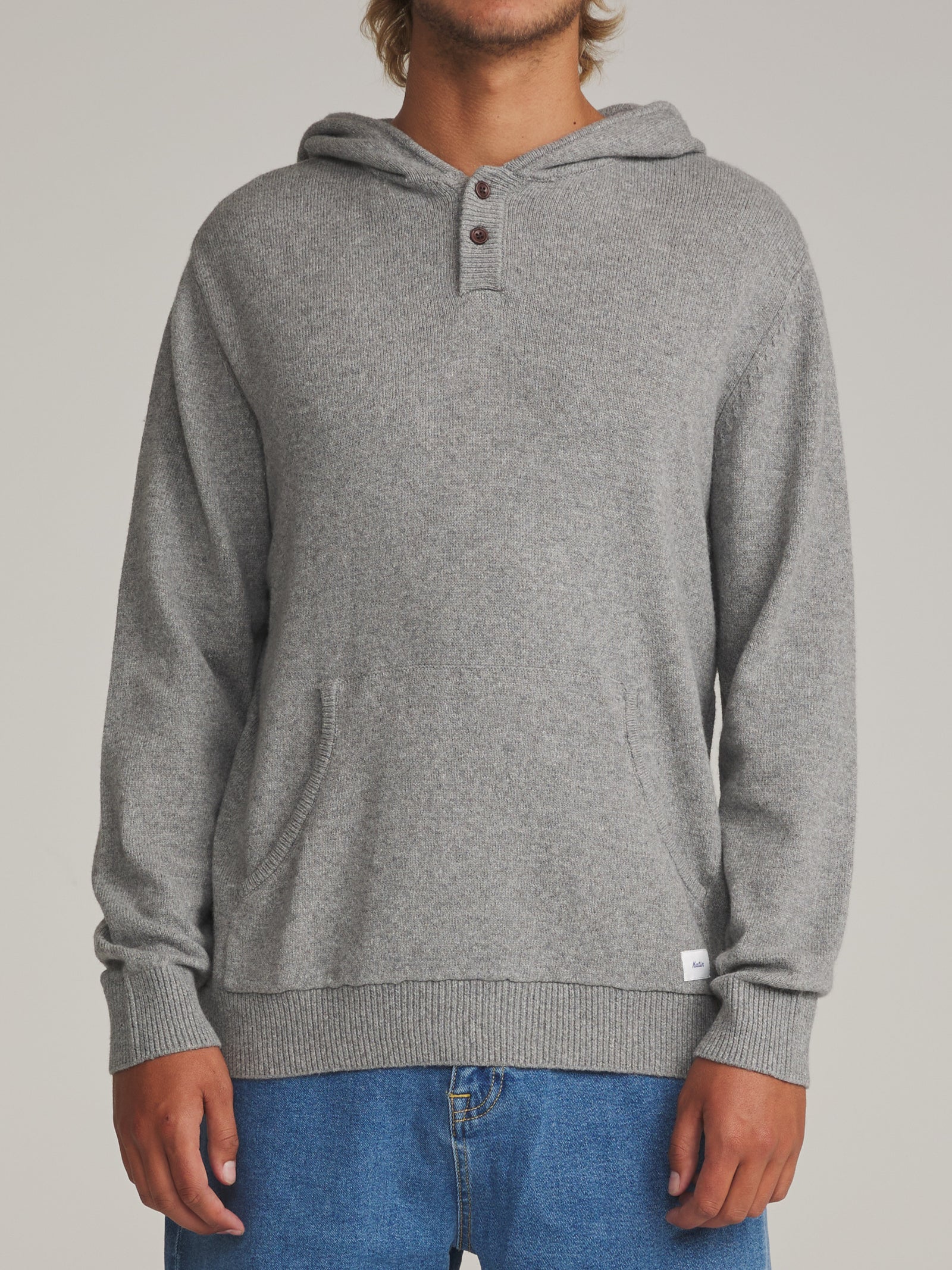 Katin fa26 sweaters hayes hooded henley sweater heather gray on model 01 front