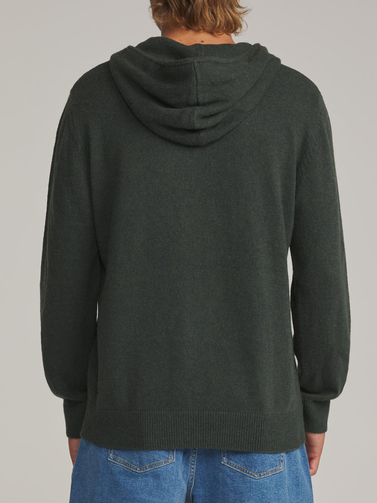 Katin Hayes Hooded Henley Sweater in Heather Green - worn on model, back