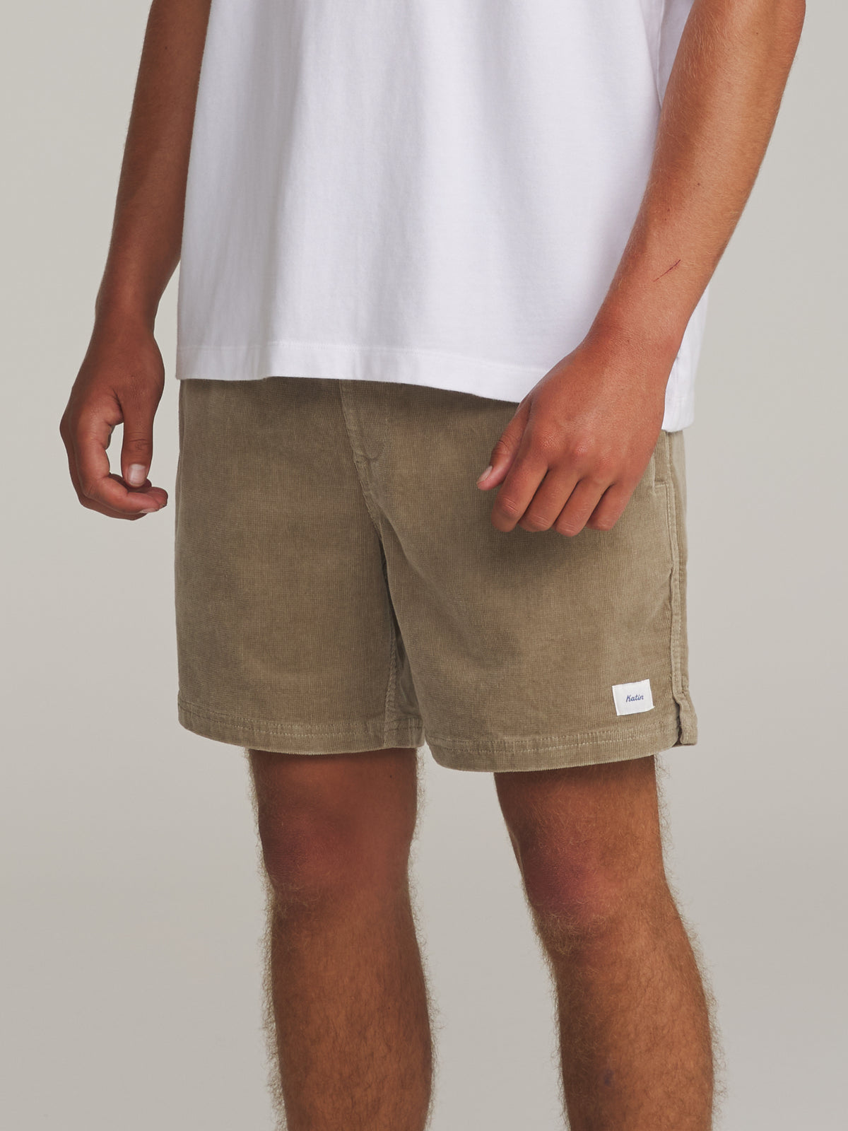 Katin Cord Local Short in KHAKI - worn on model, side
