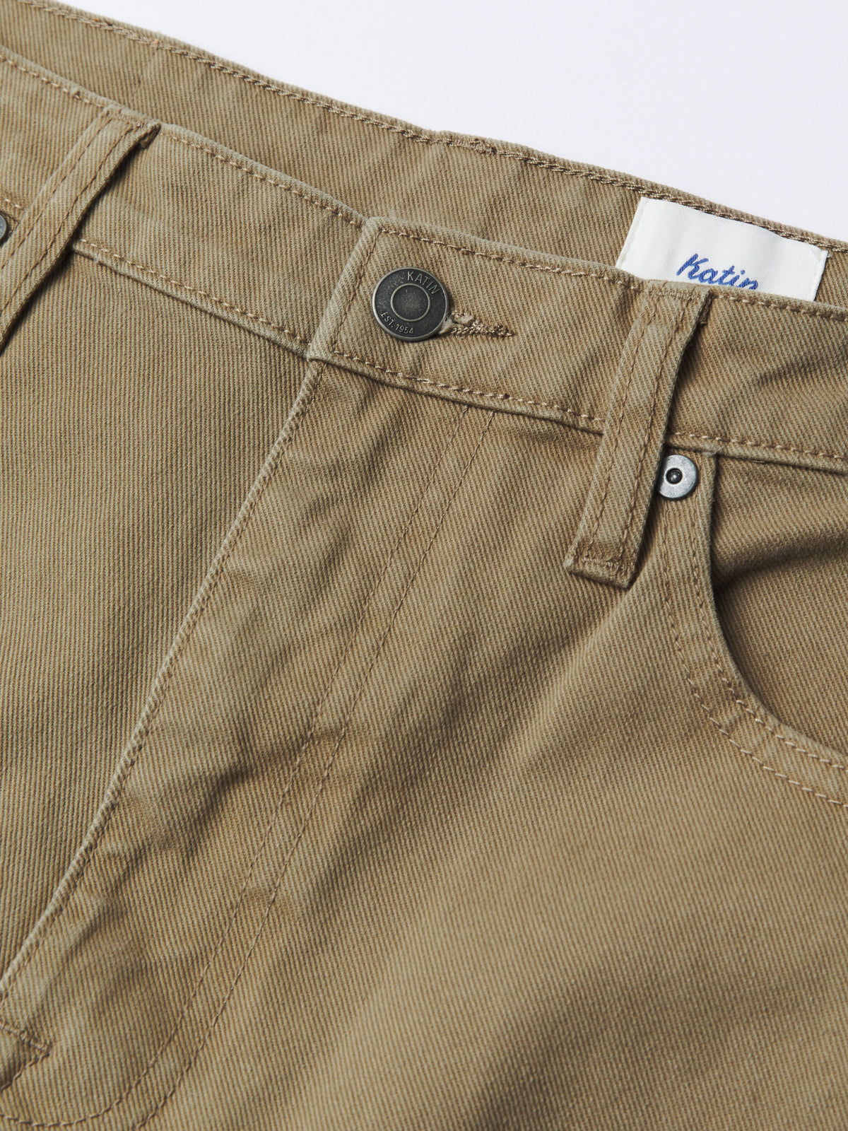 Katin Ren 57 Classic Straight Bull Denim in Covert Green, flat, front detail #color_covert green