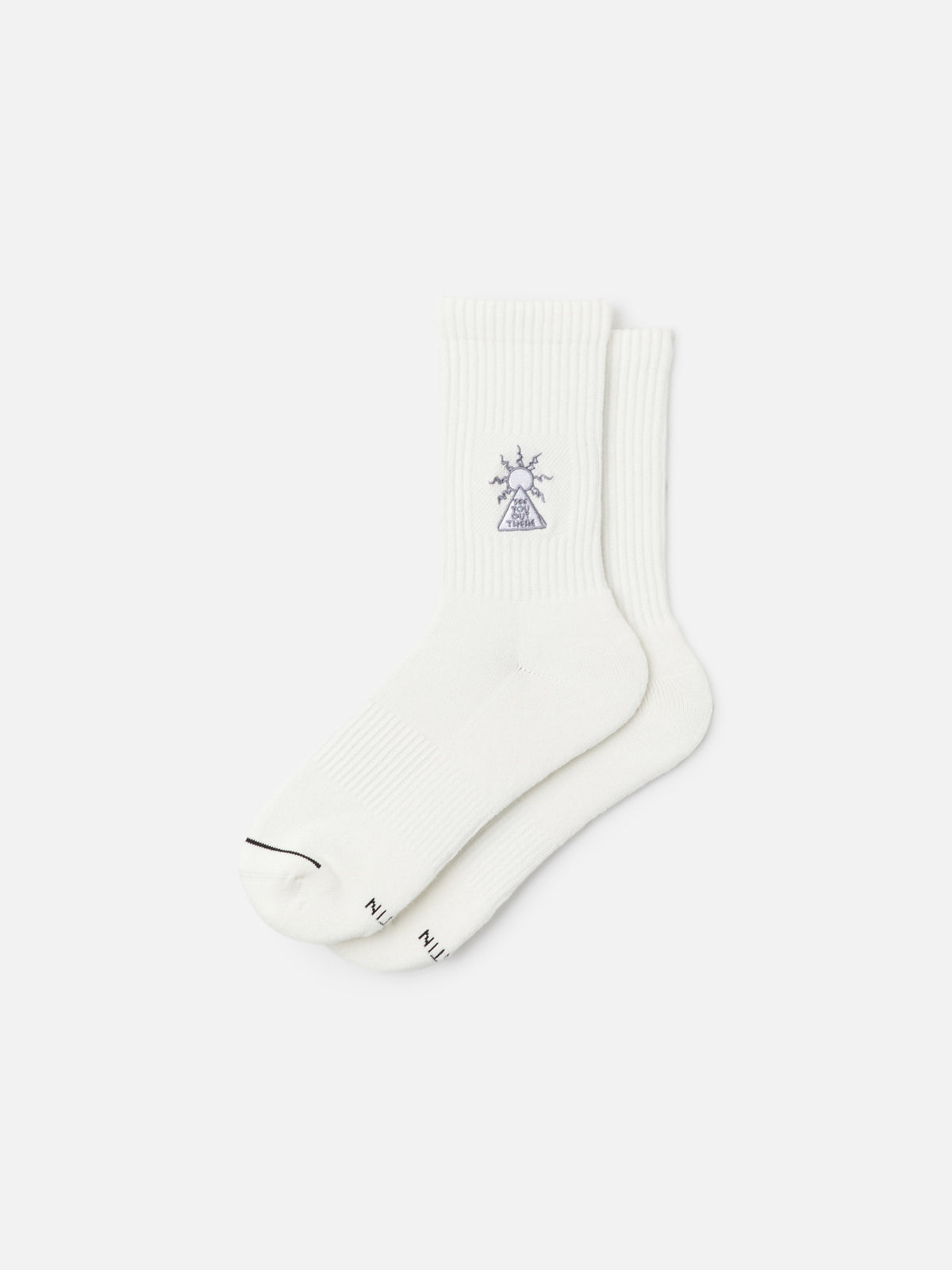 Katin Rising Sock in Off White with a graphic embroidery, flat, front #color_off white