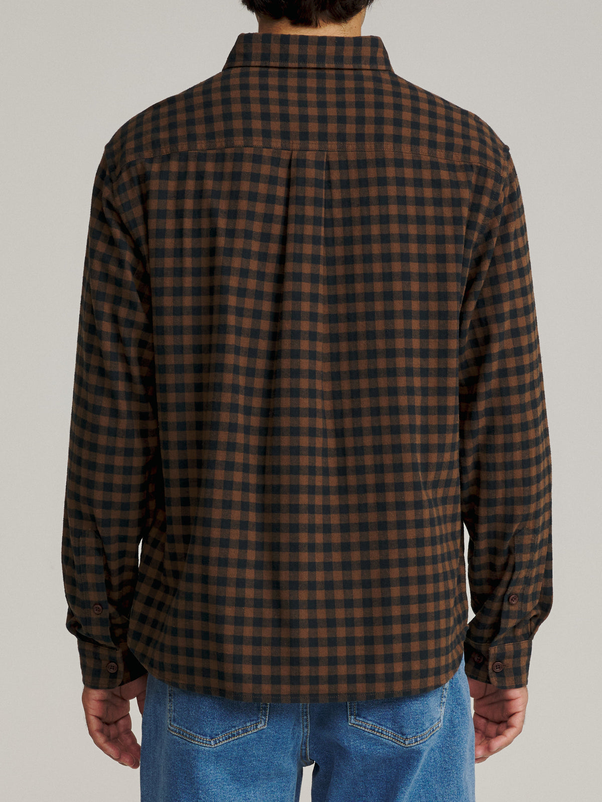 Katin Derek Flannel in Brown Plaid lightweight flannel, on model, back #color_brown plaid