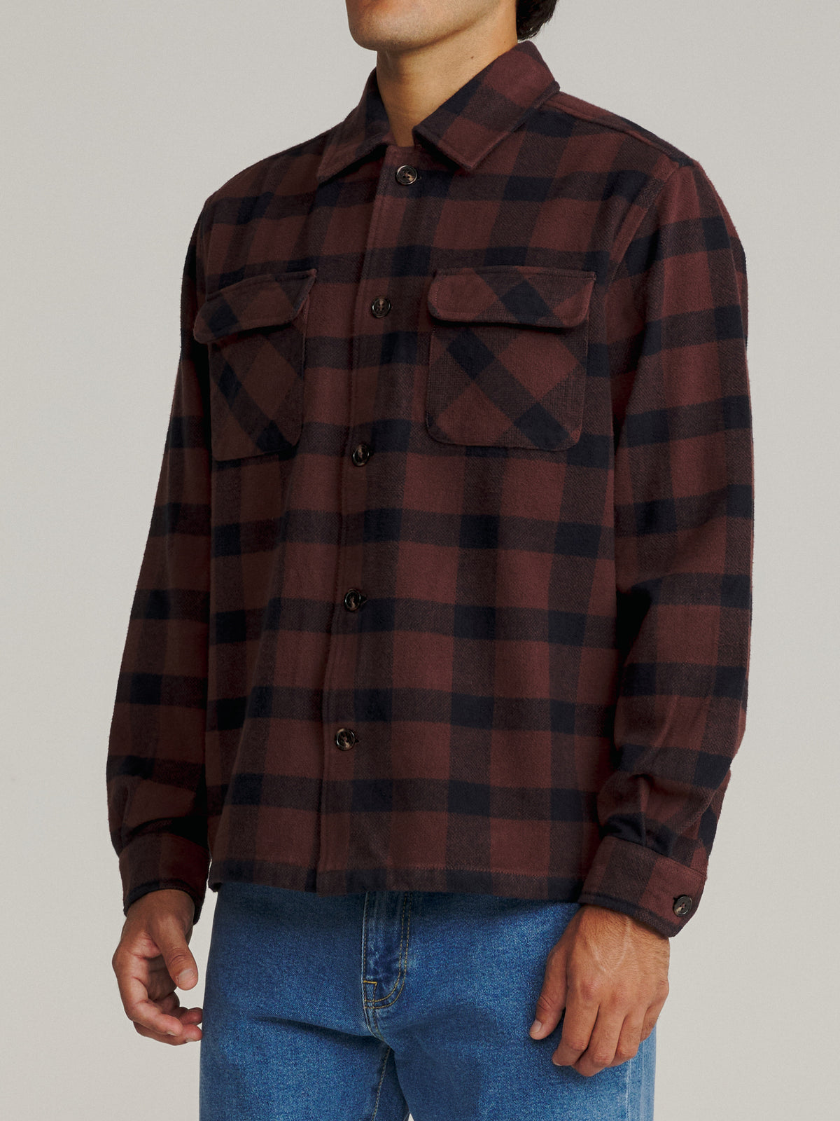 Katin Shiloh Flannel in French Roast Plaid, on model, side #color_french roast plaid