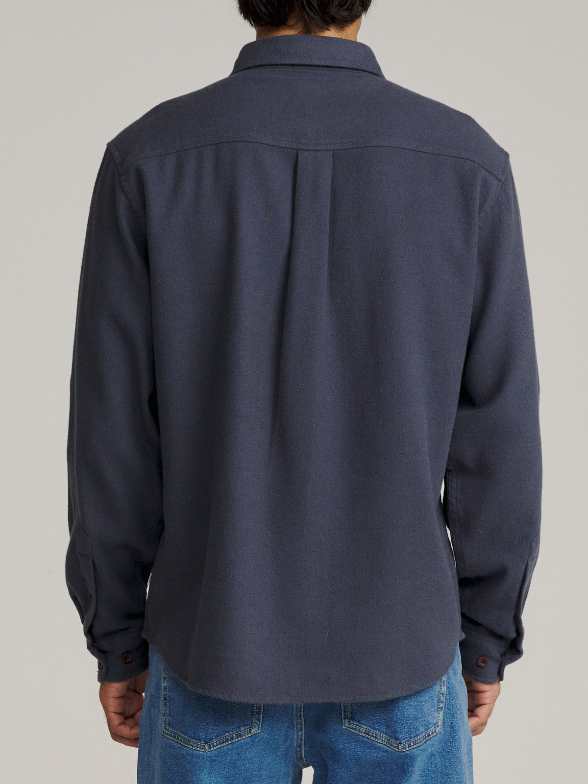 Katin Sierra Flannel in Washed Blue midweight flannel, on model, back #color_washed blue