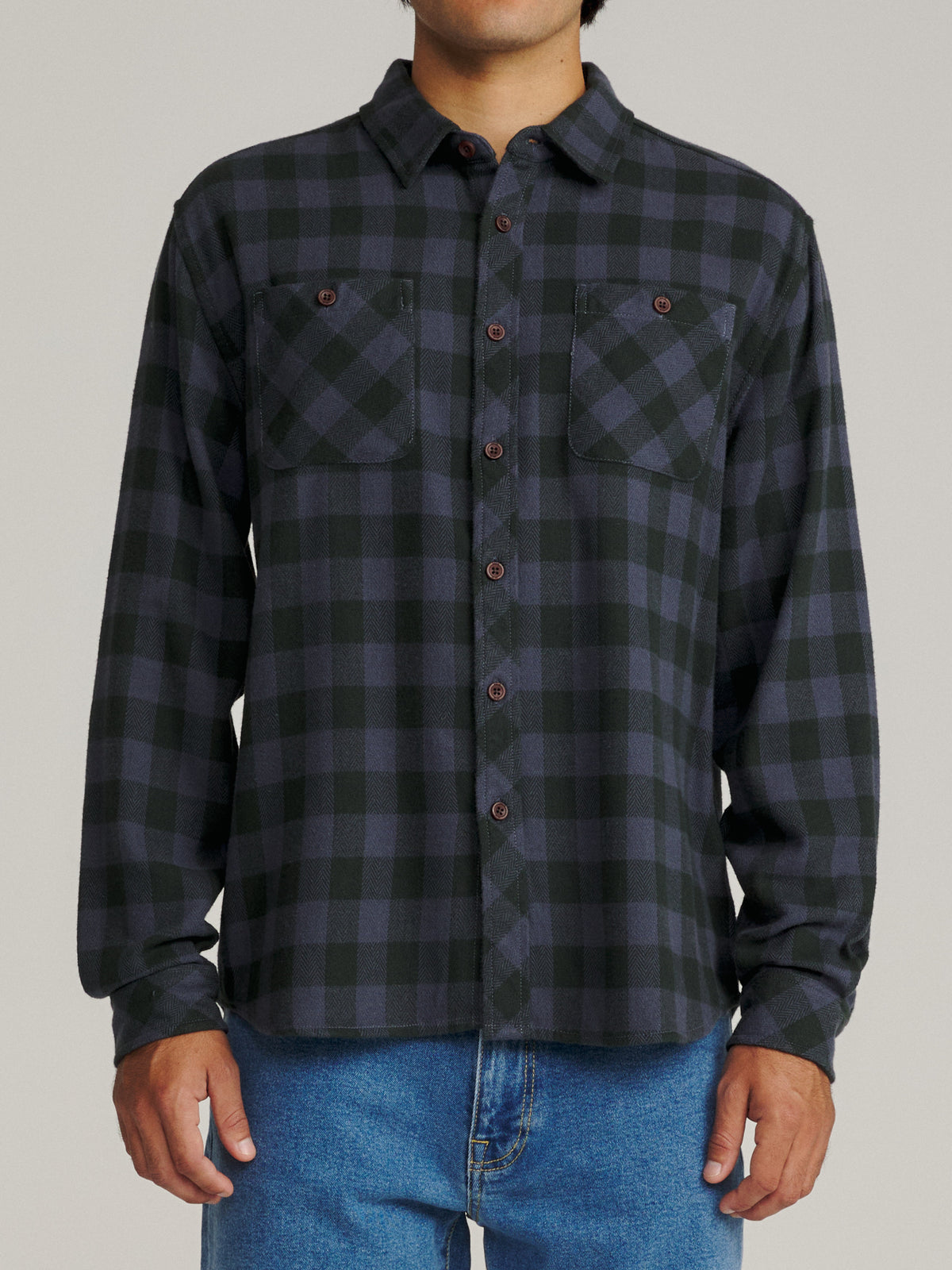 Katin Sierra Flannel in Washed Blue Plaid, on model, front #color_washed blue plaid