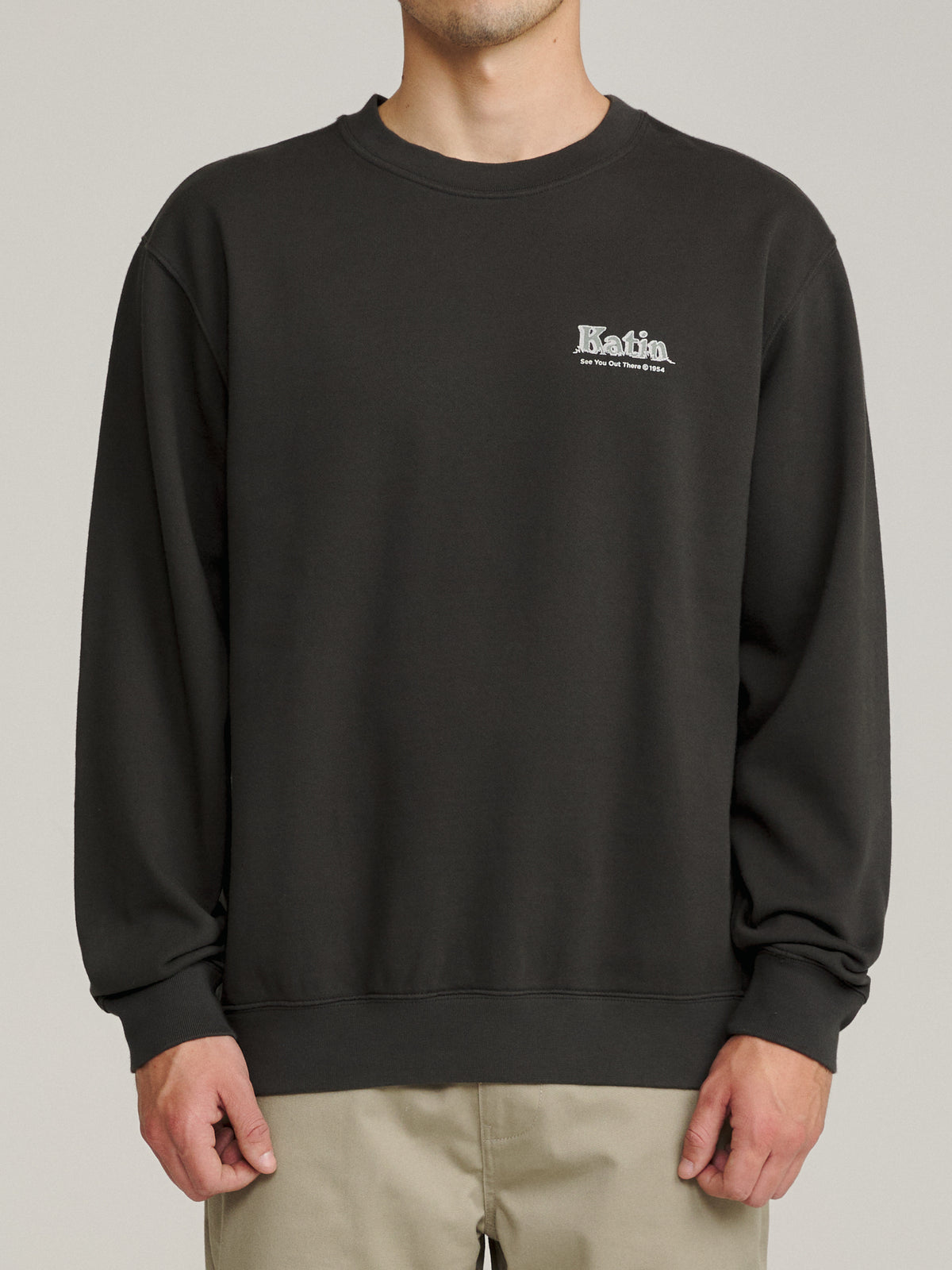 Katin Eureka Crew in Black Wash heavyweight fleece, on model, front #color_black wash