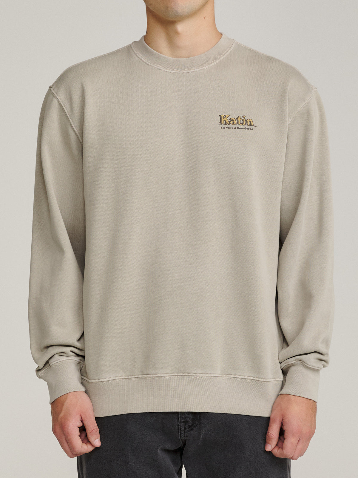 Katin Eureka Crew in Cement Vintage Wash, on model, front #color_cement vintage wash