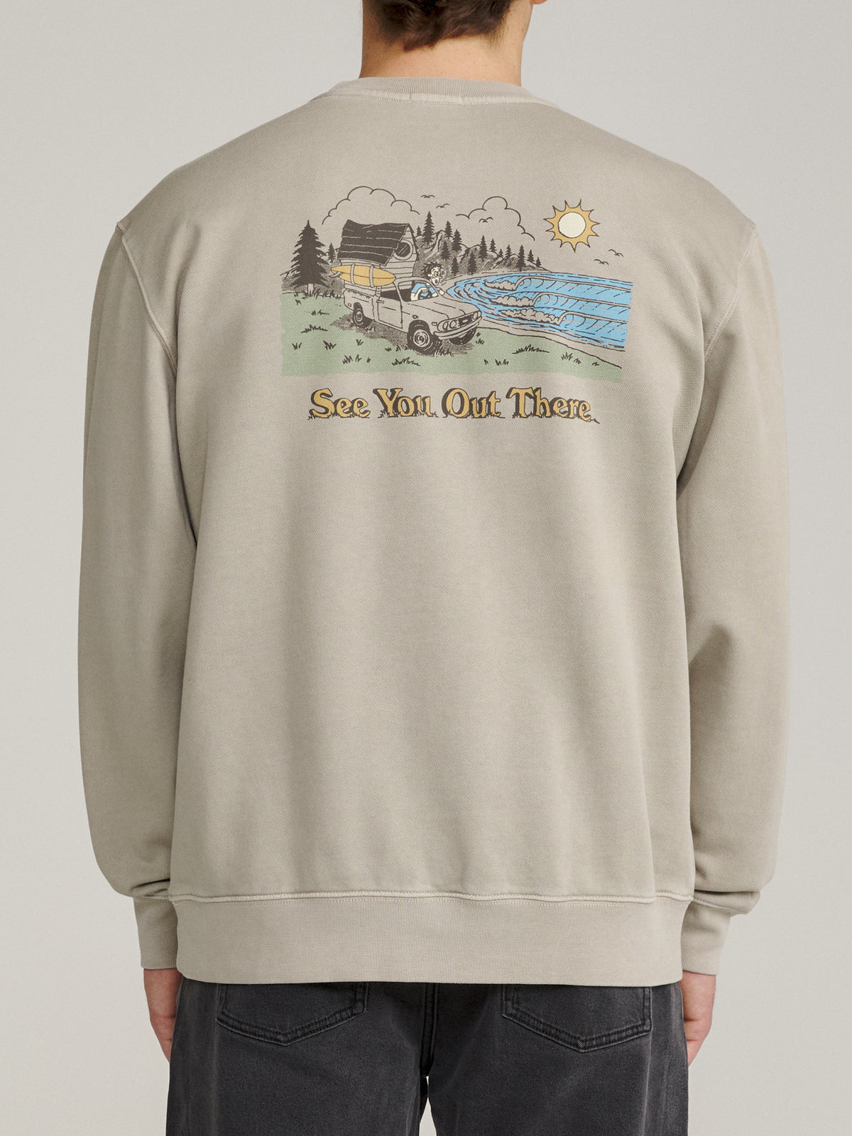 Katin Eureka Crew in Cement Vintage Wash, on model, back #color_cement vintage wash