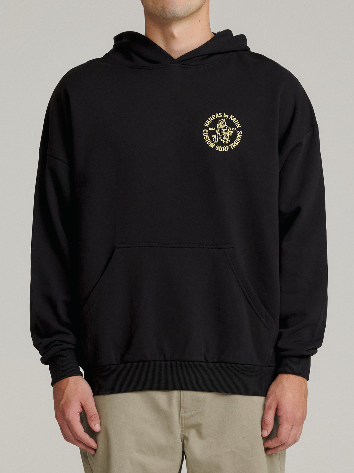 Katin Mark Hood in Black Wash heavyweight fleece, on model, front #color_black wash