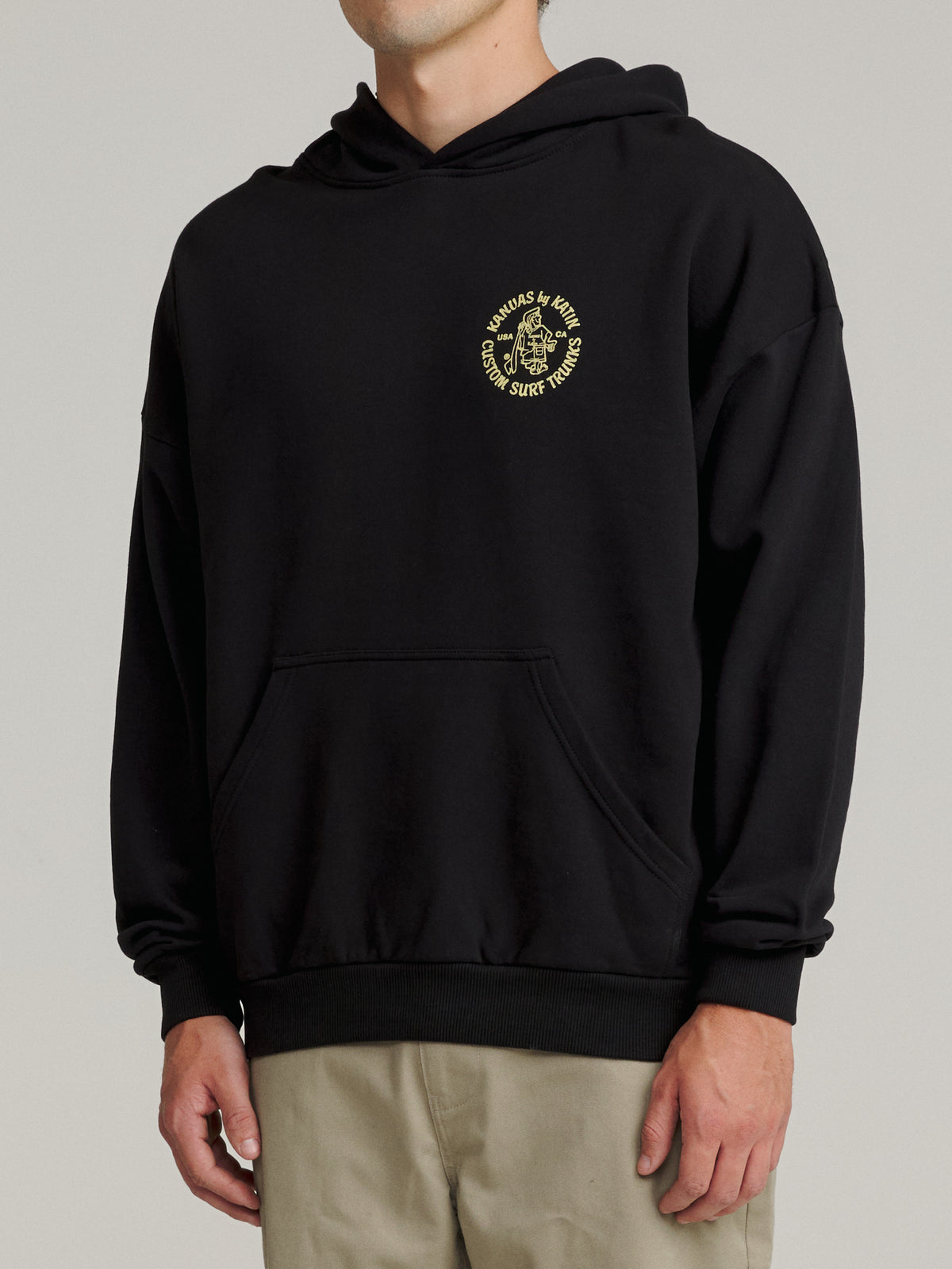 Katin Mark Hood in Black Wash heavyweight fleece, on model, side #color_black wash