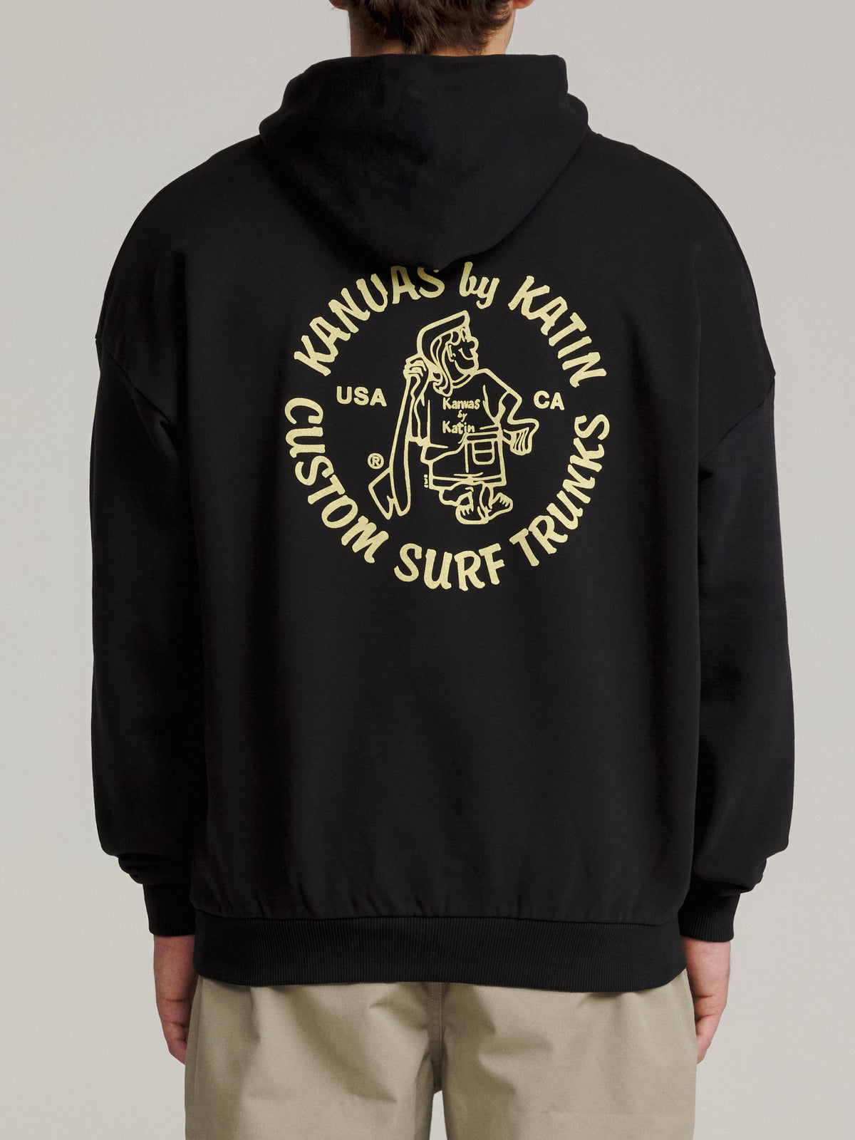 Katin Mark Hood in Black Wash heavyweight fleece, on model, back #color_black wash