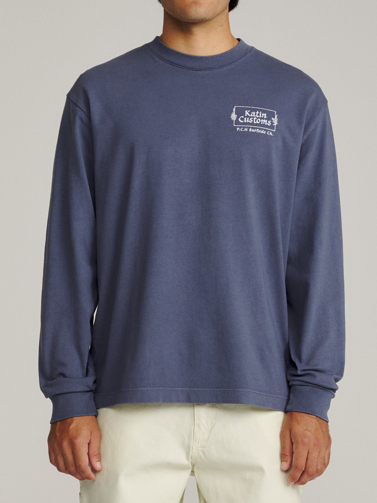 Void Box Fit LS Tee in Washed Blue Vintage Wash, on model, front #color_washed blue vintage wash