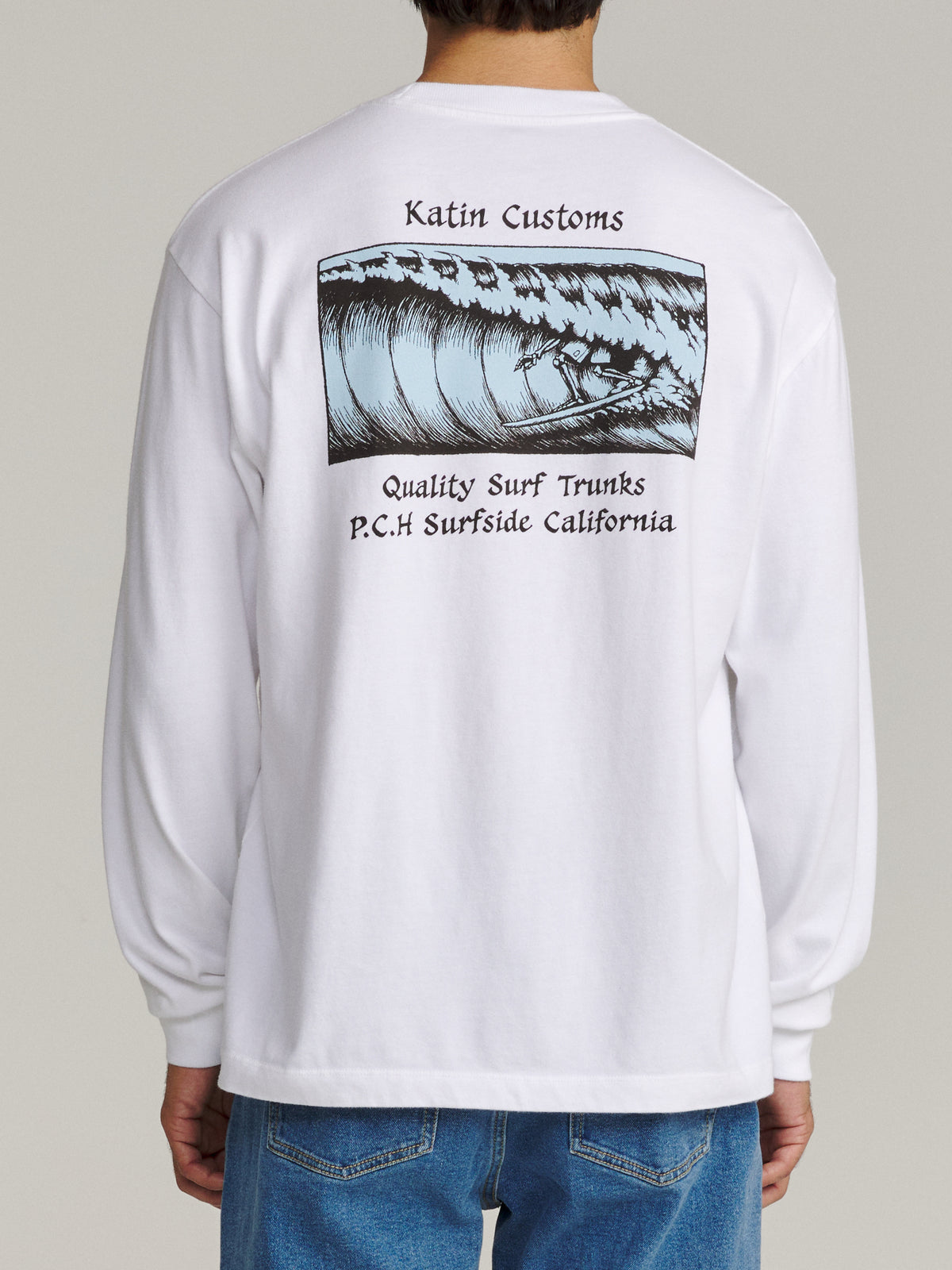Katin Void Box Fit LS Tee in White heavyweight jersey, on model, back #color_white