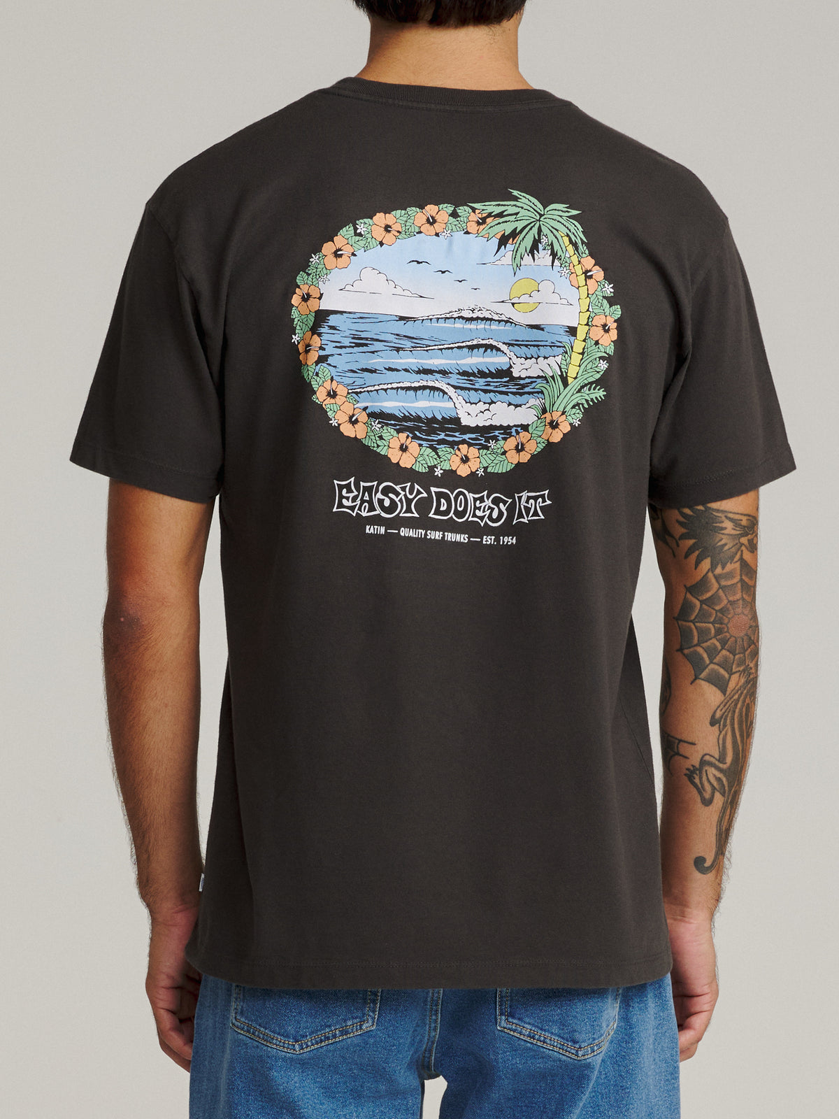 Katin Barra Tee in Black Wash midweight jersey, on model, back #color_black wash
