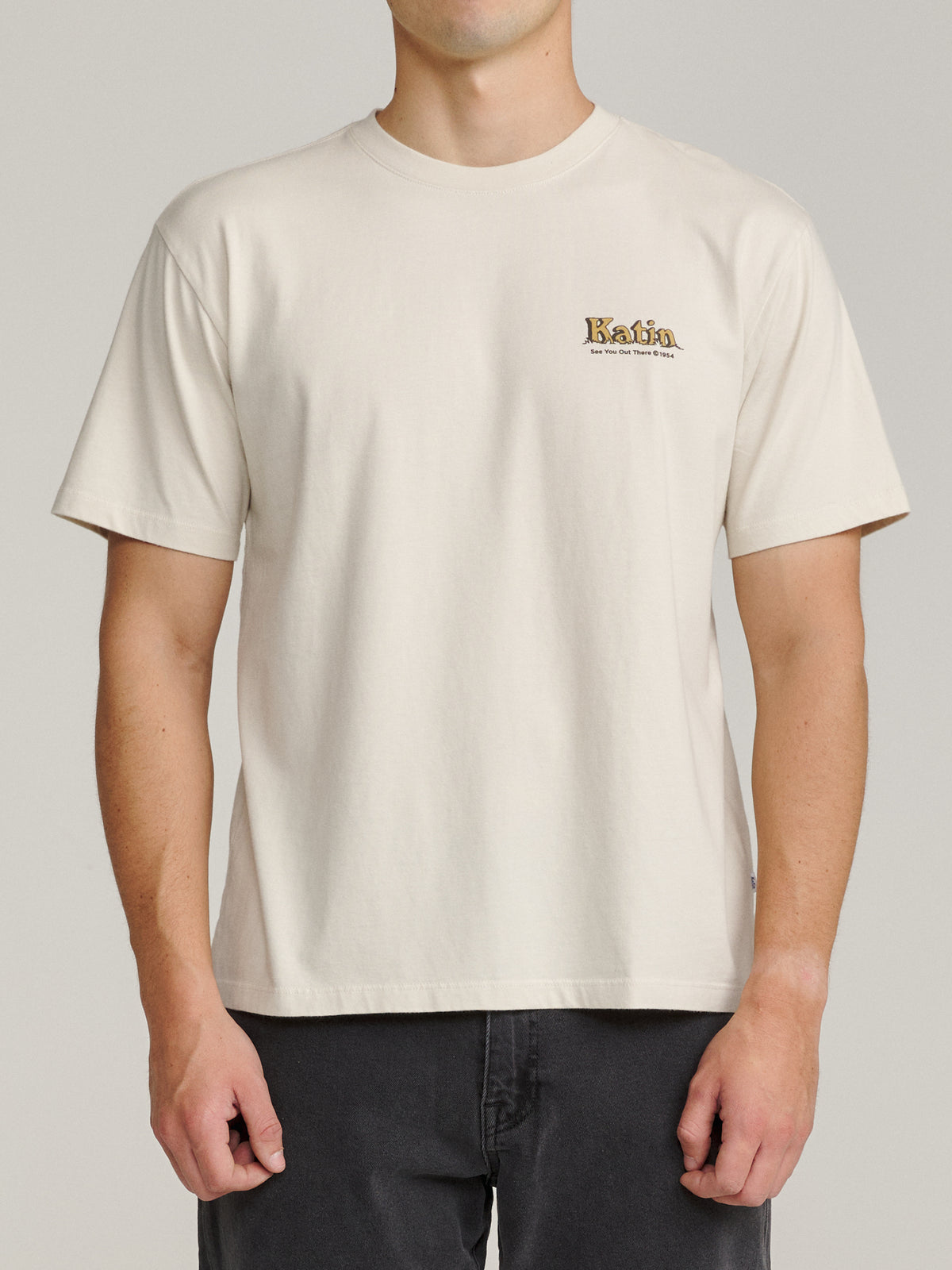 Katin Eureka Tee in Vintage White midweight jersey, on model, front #color_vintage white