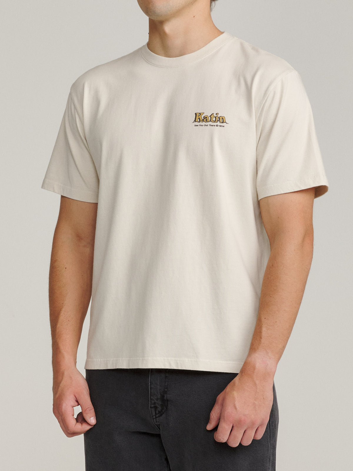 Katin Eureka Tee in Vintage White midweight jersey, on model, side #color_vintage white