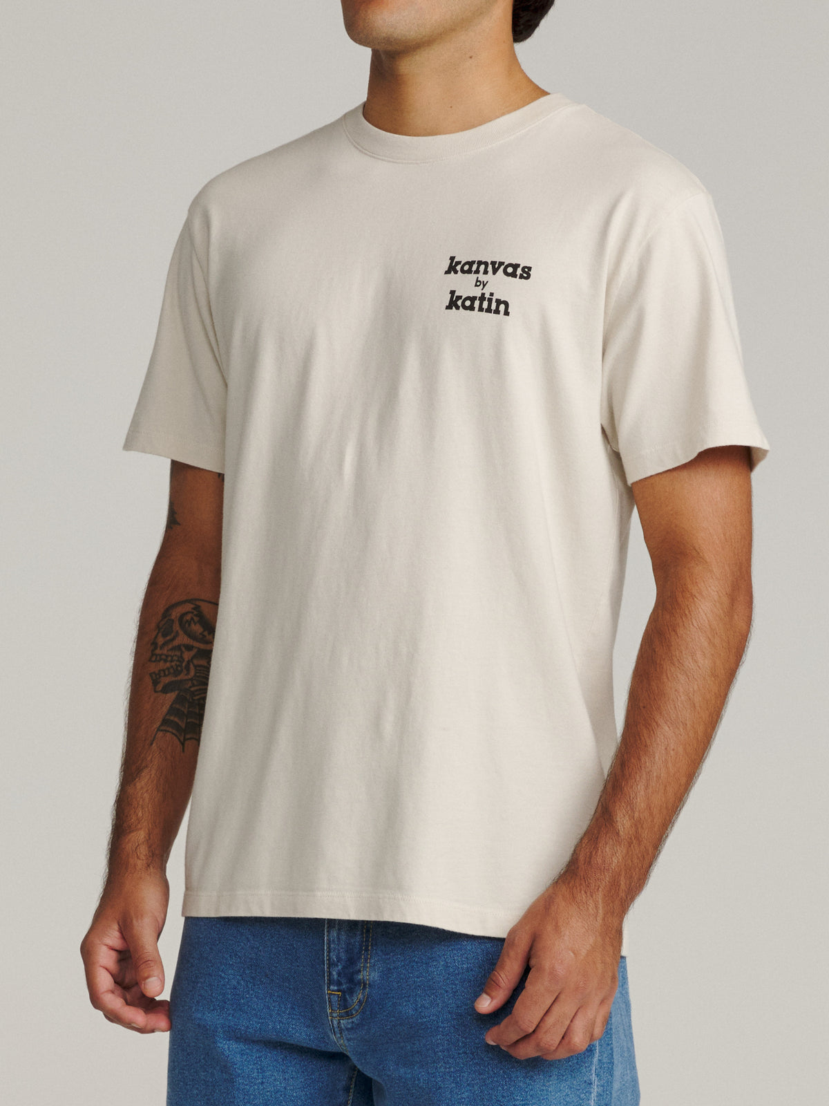 Katin K-Man Tee in Vintage White midweight jersey, on model, side #color_vintage white