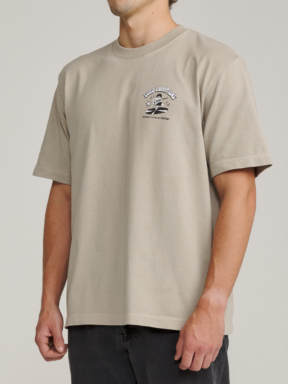 Katin Surf Rock Box Fit Tee in Cement Vintage Wash, on model, side #color_cement vintage wash