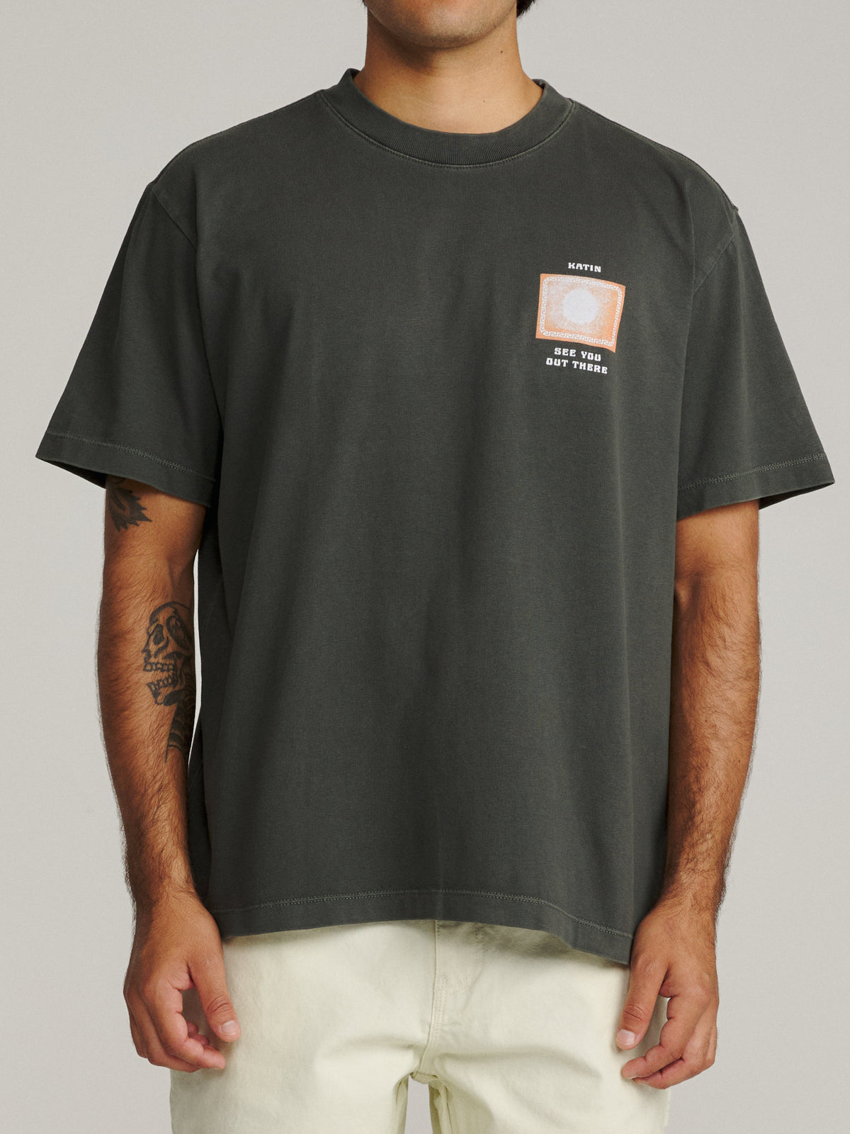 Katin Vantage Box Fit Tee in Black Vintage Wash, on model, front #color_black vintage wash