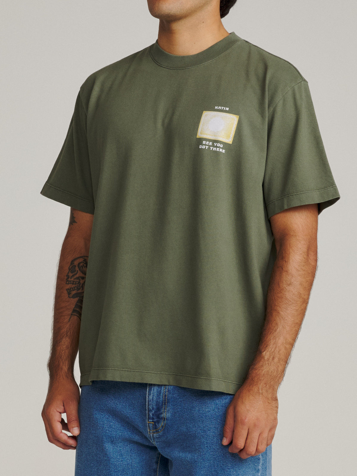 Katin Vantage Box Fit Tee in Clover Vintage Wash, on model, side #color_clover vintage wash
