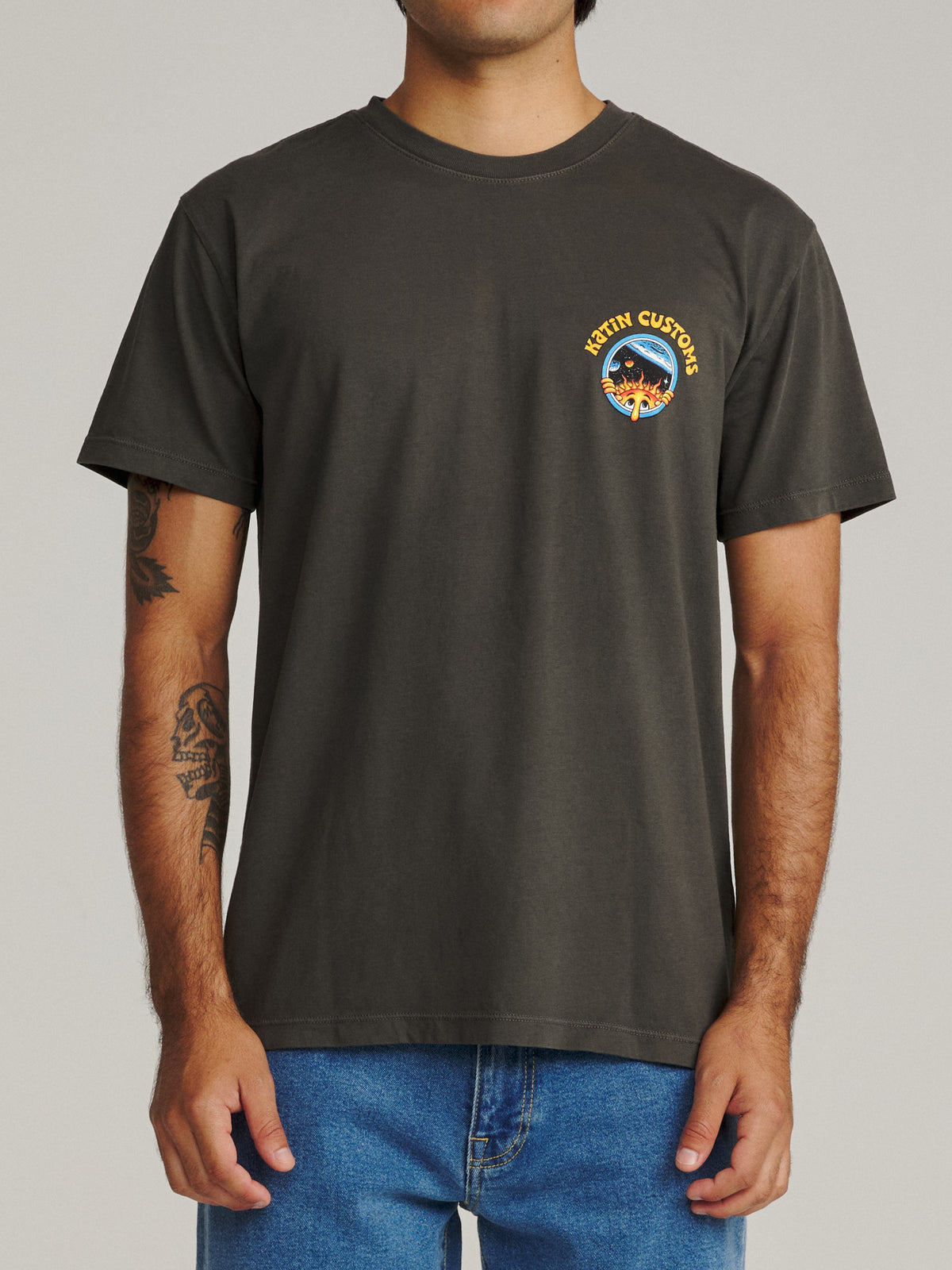 Katin Vantasy Tee in Lead Vintage Wash midweight jersey, on model, front #color_lead vintage wash