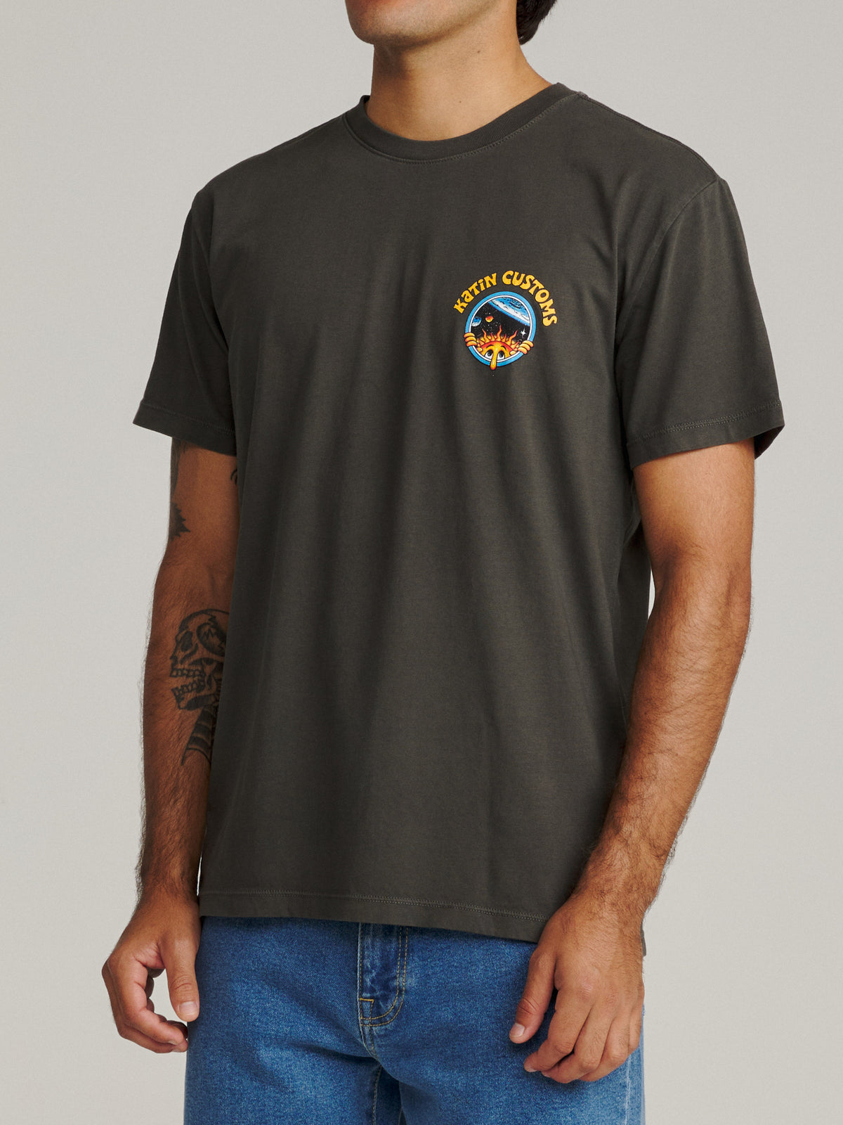 Katin Vantasy Tee in Lead Vintage Wash midweight jersey, on model, side #color_lead vintage wash