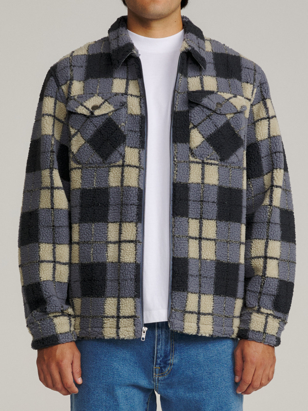 Katin Anderson Sherpa Jacket in Storm Blue sherpa, on model, front #color_storm blue