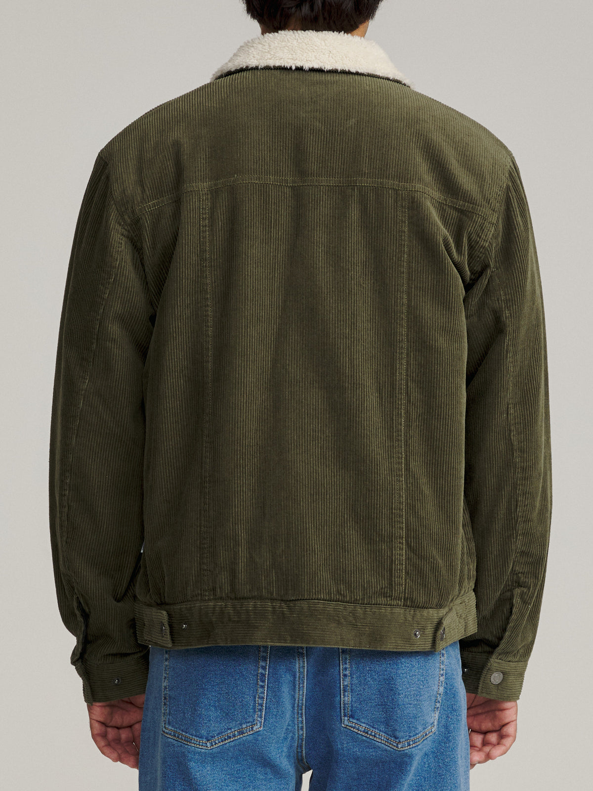 Katin Harris Corduroy Jacket in Dark Olive corduroy, on model, back #color_dark olive