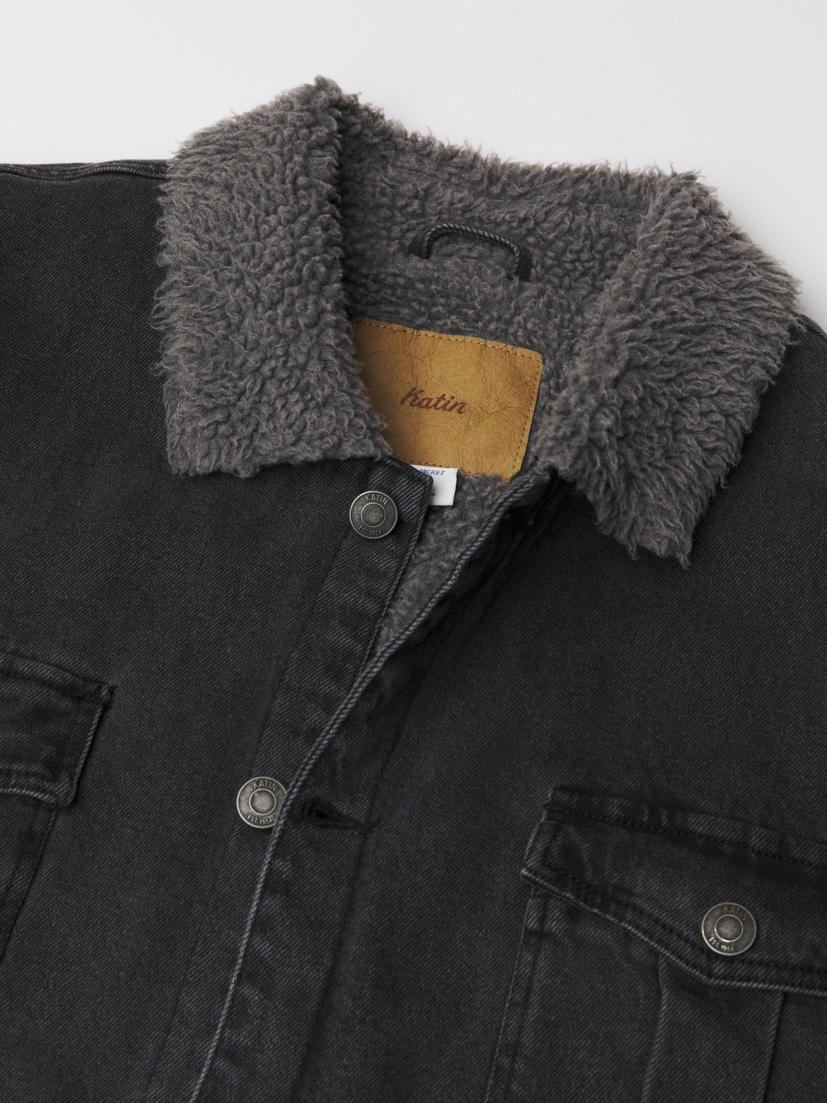 Katin Harris Denim Jacket in Black Wash denim, flat, detail collar #color_black wash