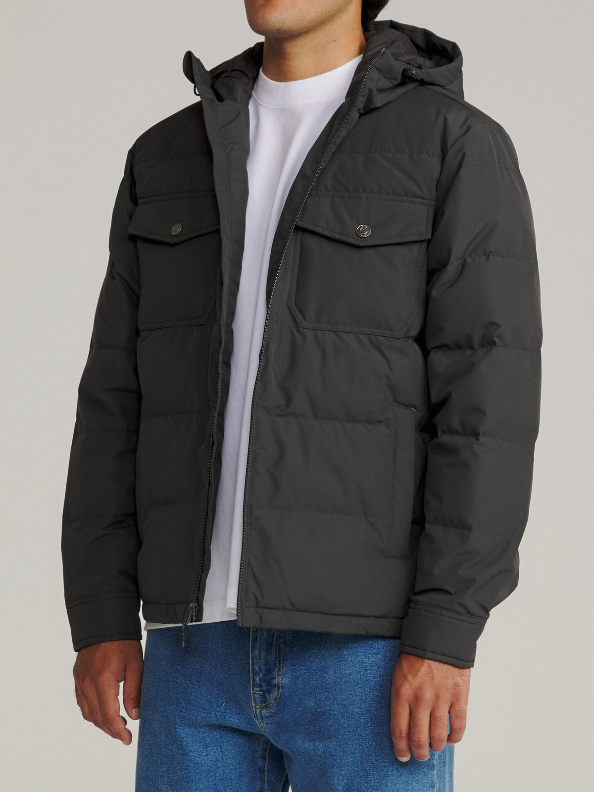 Katin OTG Summit Hooded Down Puffer in Black Wash with a stacked fill pattern, on model, side #color_black wash