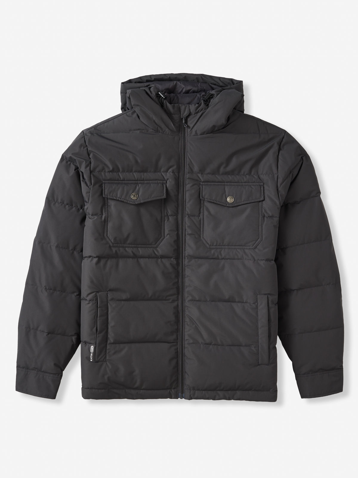 Katin OTG Summit Hooded Down Puffer in Black Wash with a stacked fill pattern, flat, front #color_black wash
