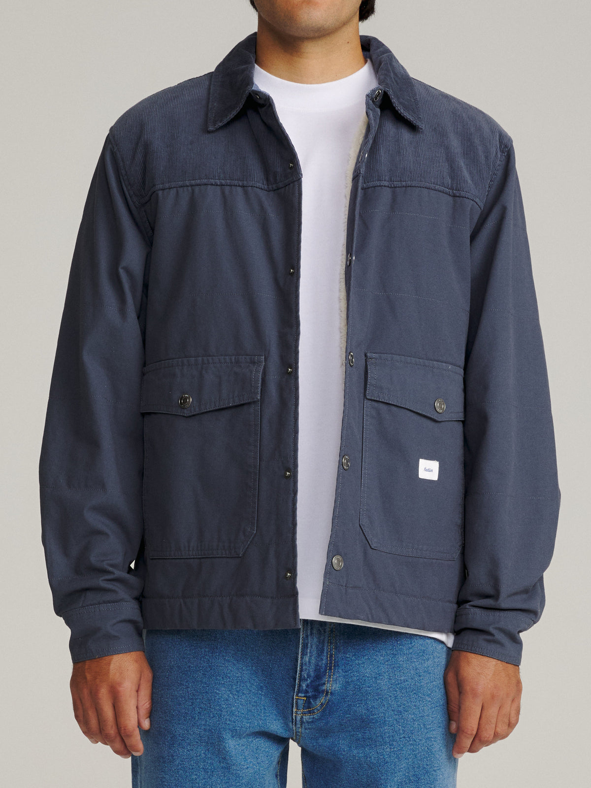 Katin Yukon Jacket in Washed Blue, on model, front #color_washed blue
