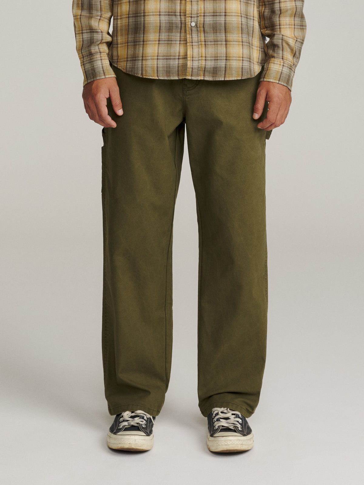 Katin Stanley Pant in Olive canvas, on model, front #color_olive