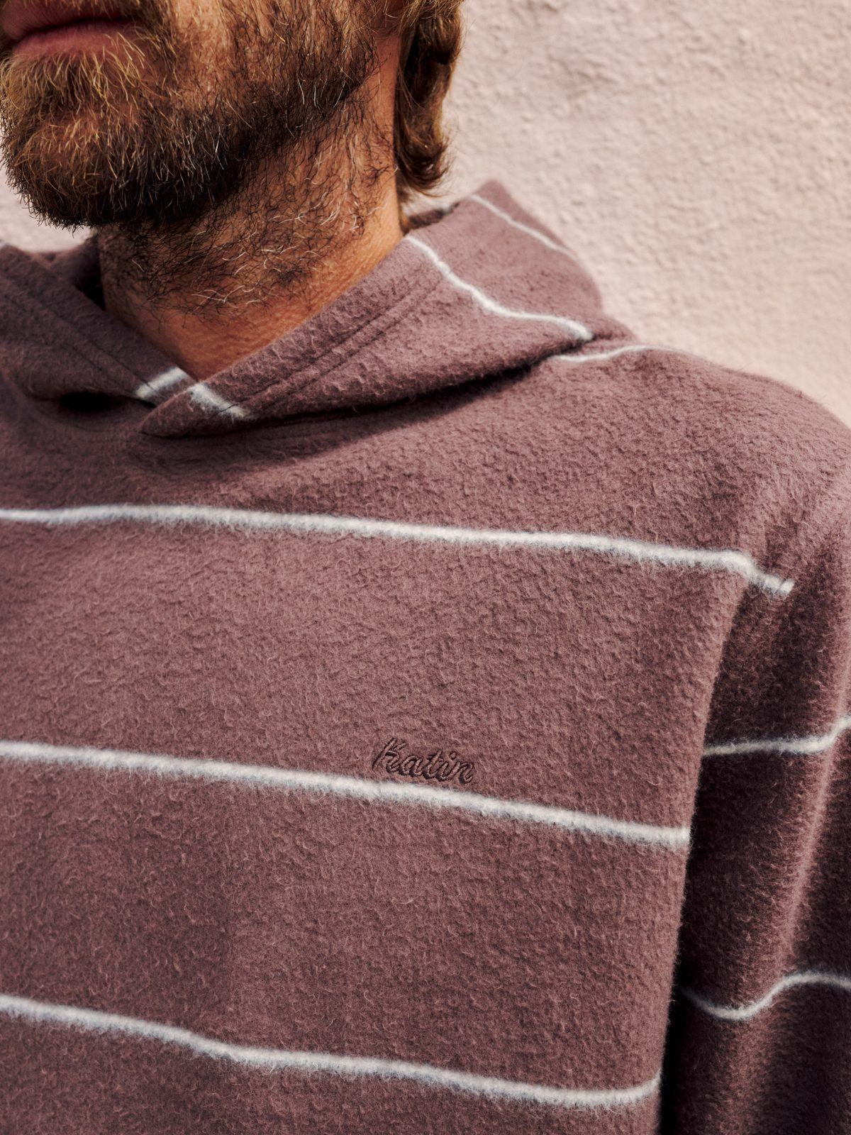 Katin Parks Hood in French Roast brushed reverse fleece stripe, on model, detail #color_french roast