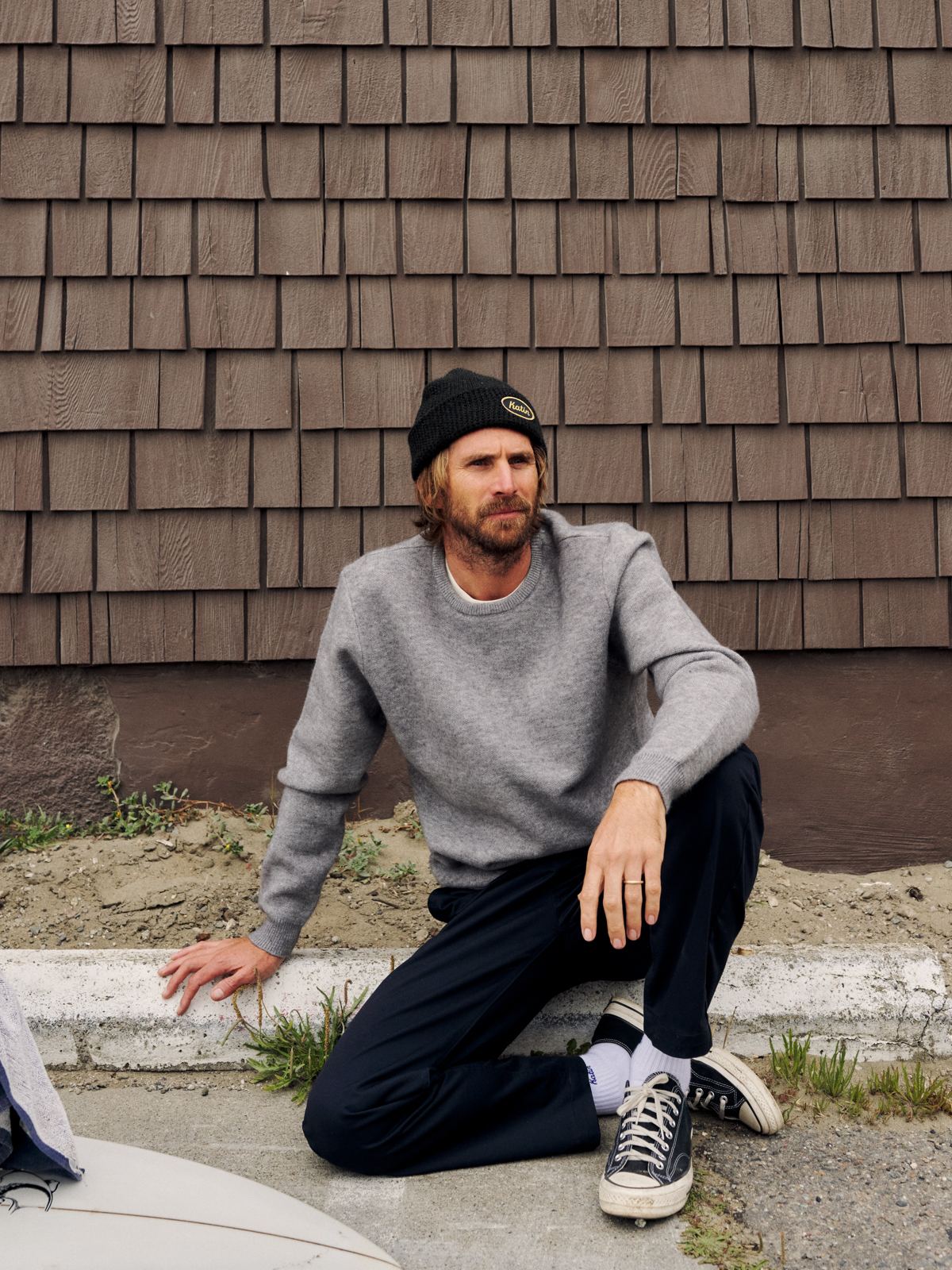 Katin Rivers Sweater in Heather Gray, on model with a black Katin beanie, lifestyle #color_heather gray