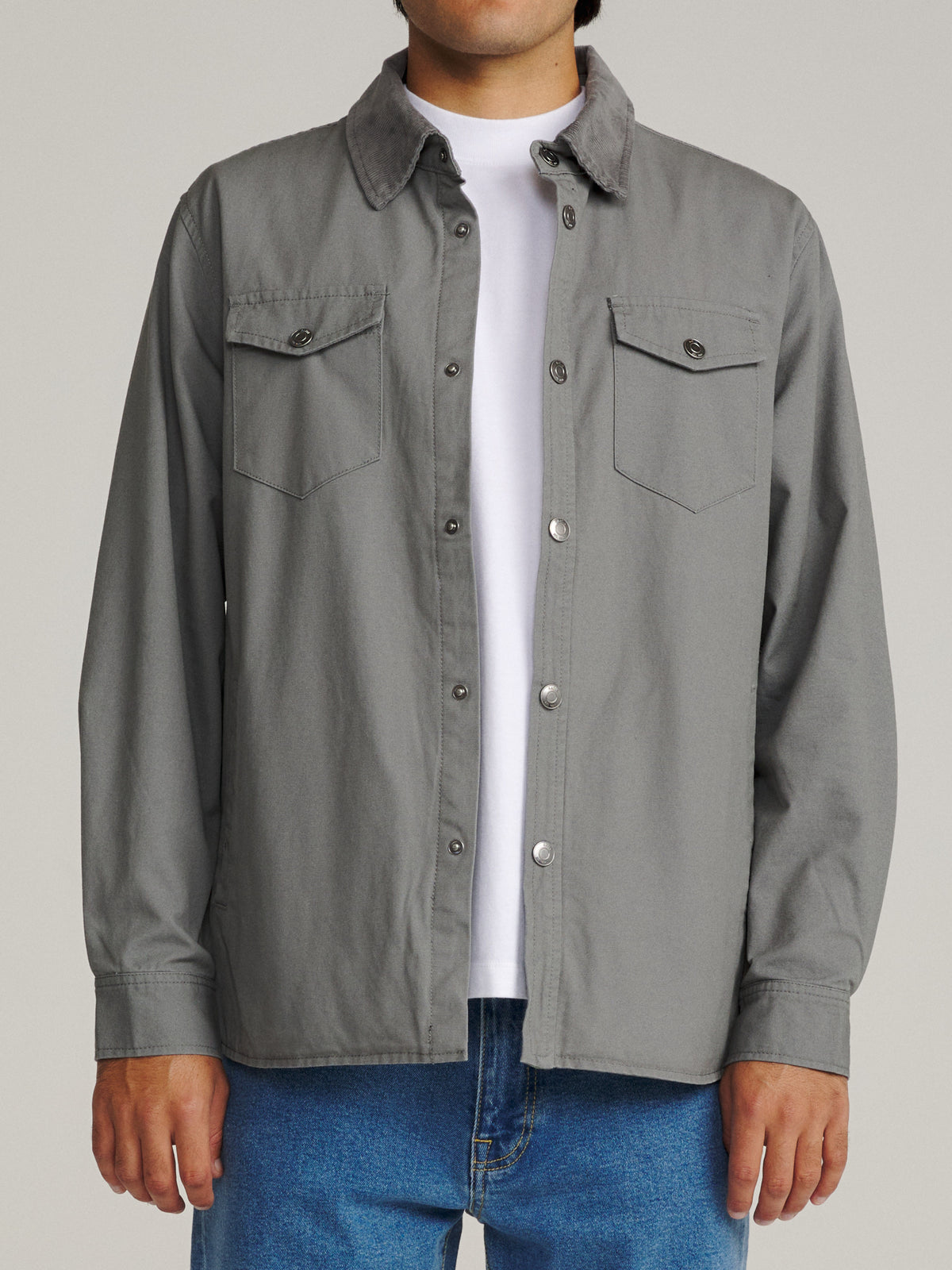 Katin Campbell Shirt Jacket in Graphite canvas, on model, front #color_graphite