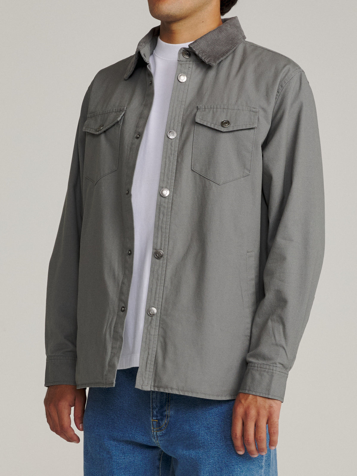 Katin Campbell Shirt Jacket in Graphite canvas, on model, side #color_graphite