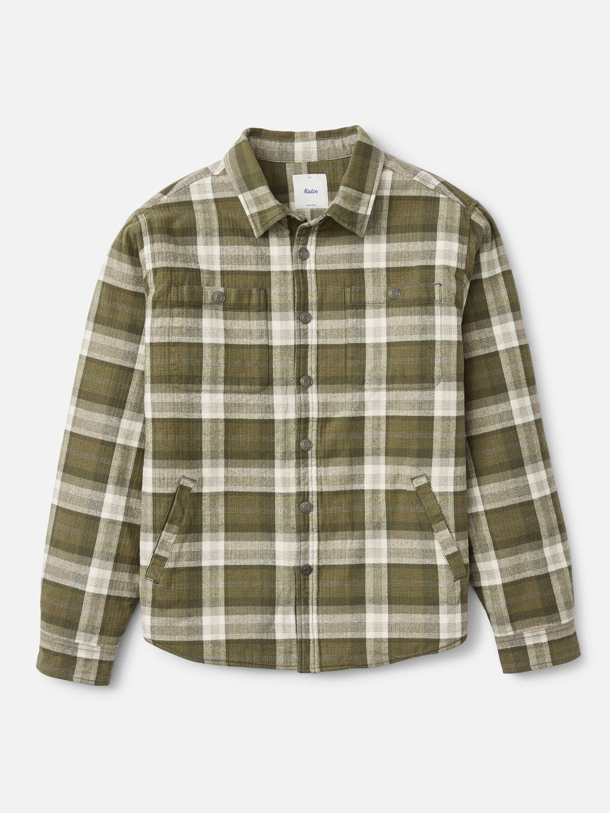 Katin Harold Plaid Shirt Jacket in Olive midweight brushed flannel, flat, front #color_olive