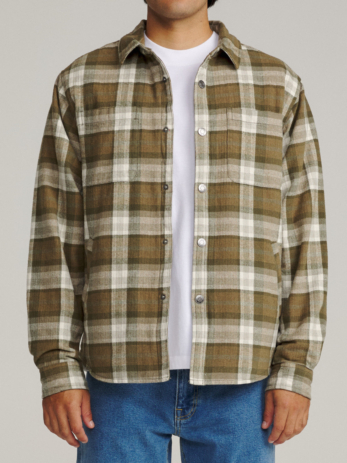 Katin Harold Plaid Shirt Jacket in Olive midweight brushed flannel, on model, front #color_olive