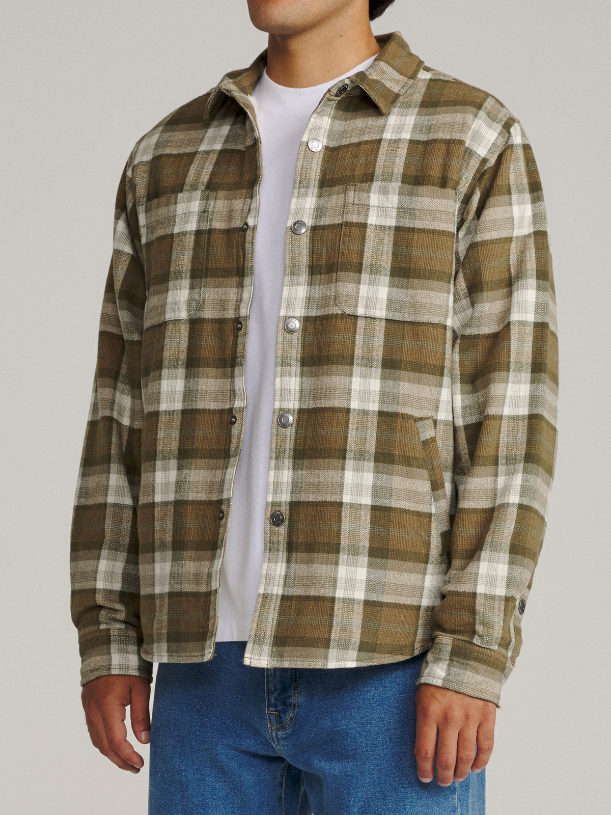 Katin Harold Plaid Shirt Jacket in Olive midweight brushed flannel, on model, side #color_olive