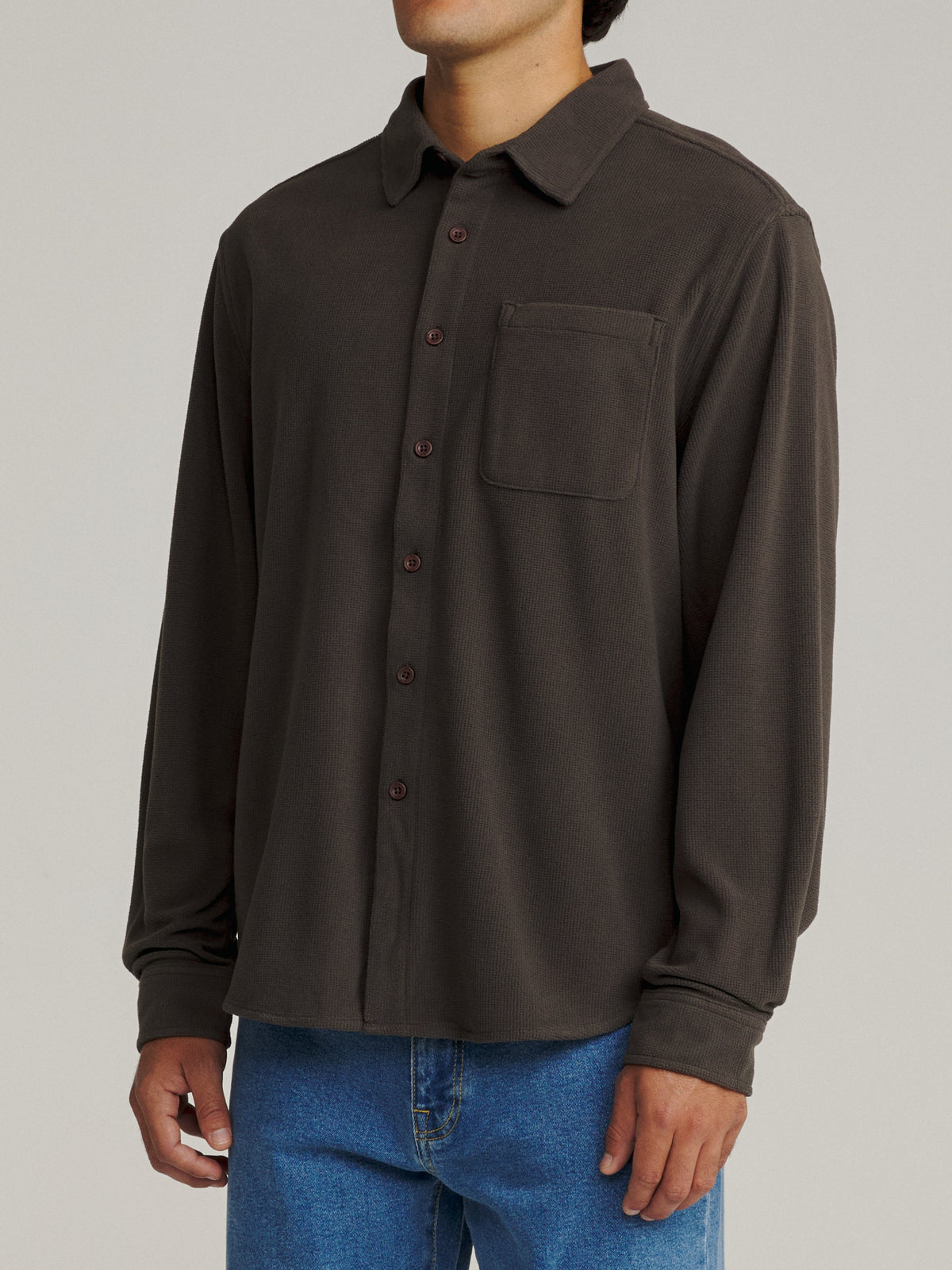 Katin Roland Shirt in Lead waffle knit corduroy, on model, side #color_lead