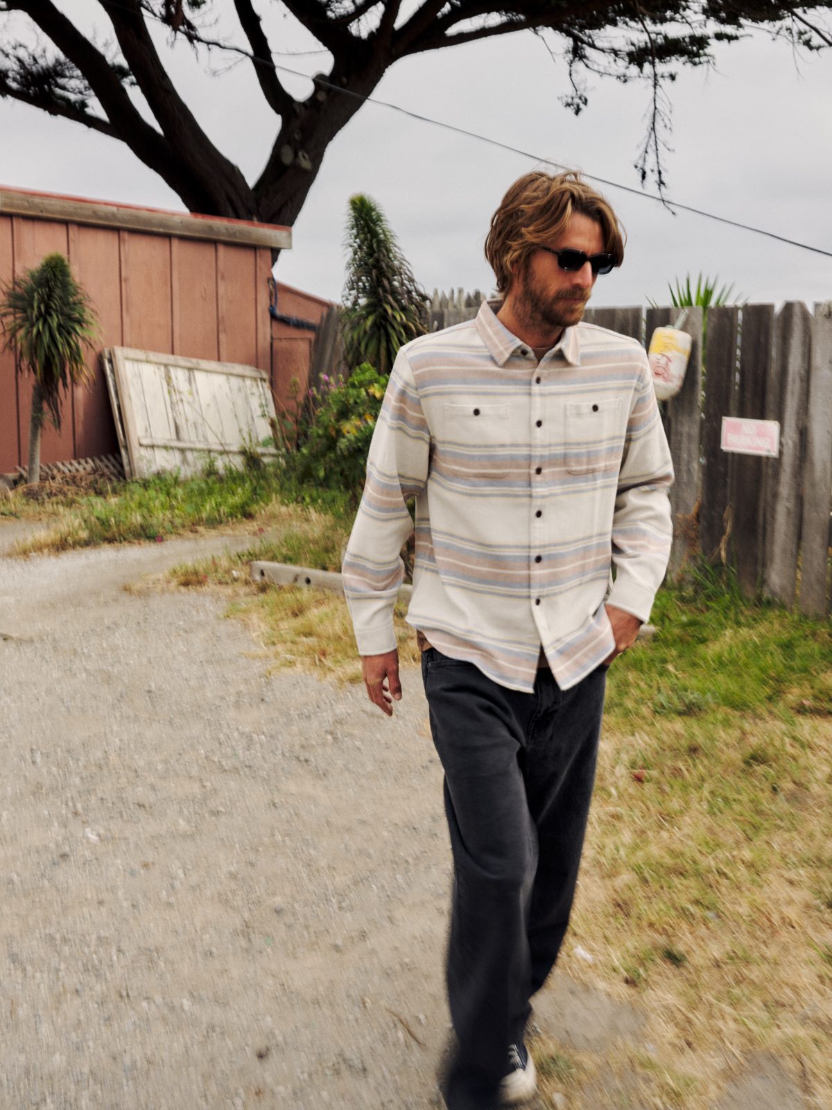 Katin Sierra Flannel in Birch midweight striped flannel, on model, lifestyle #color_birch